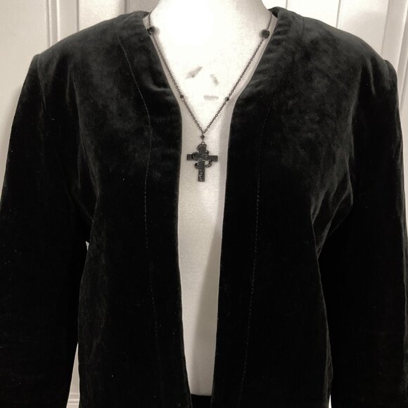MARJORIE HAMILTON Vintage black velour open front jacket ~ MEDIUM LARGE blazer - Picture 3 of 12